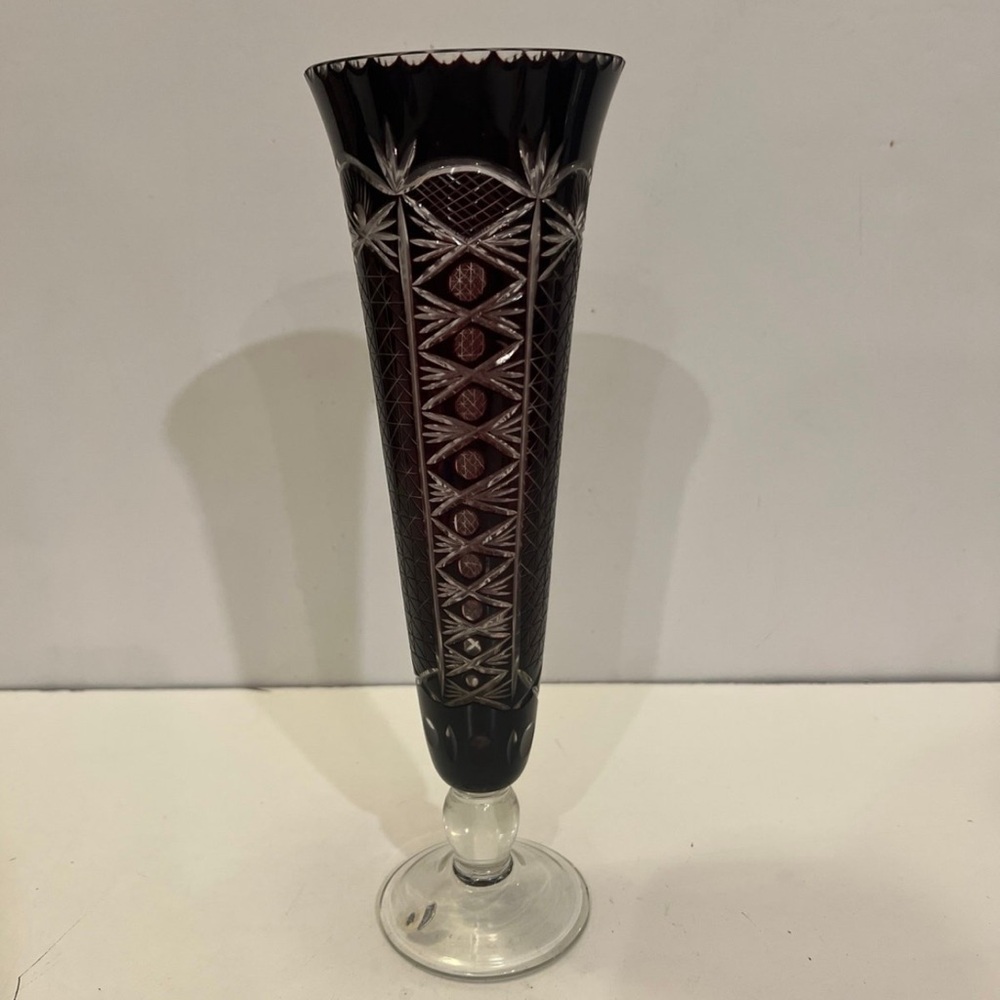 Purple/ red and clear crystal vase
